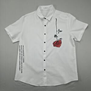 ZAFUL Mens Button Up Shirt White Rose Graphic Short Sleeve Casual Streetwear